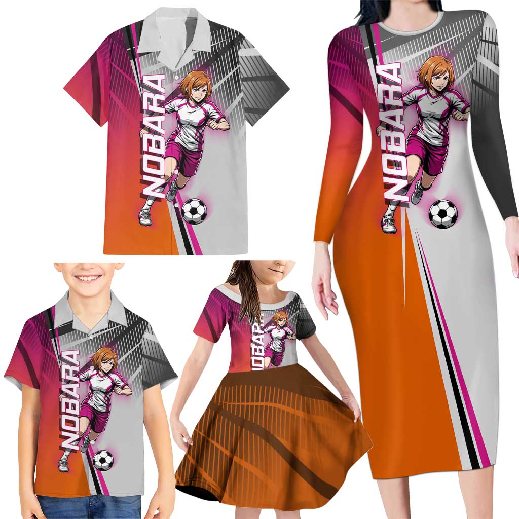 Personalized Nobara Kugisaki Jujutsu Kaisen Family Matching Long Sleeve Bodycon Dress and Hawaiian Shirt with Pink Orange Gradient and Action Kick Pose