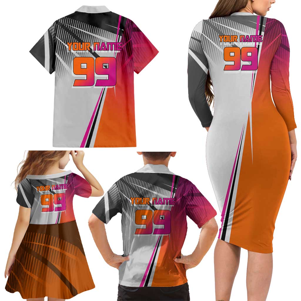 Personalized Nobara Kugisaki Jujutsu Kaisen Family Matching Long Sleeve Bodycon Dress and Hawaiian Shirt with Pink Orange Gradient and Action Kick Pose