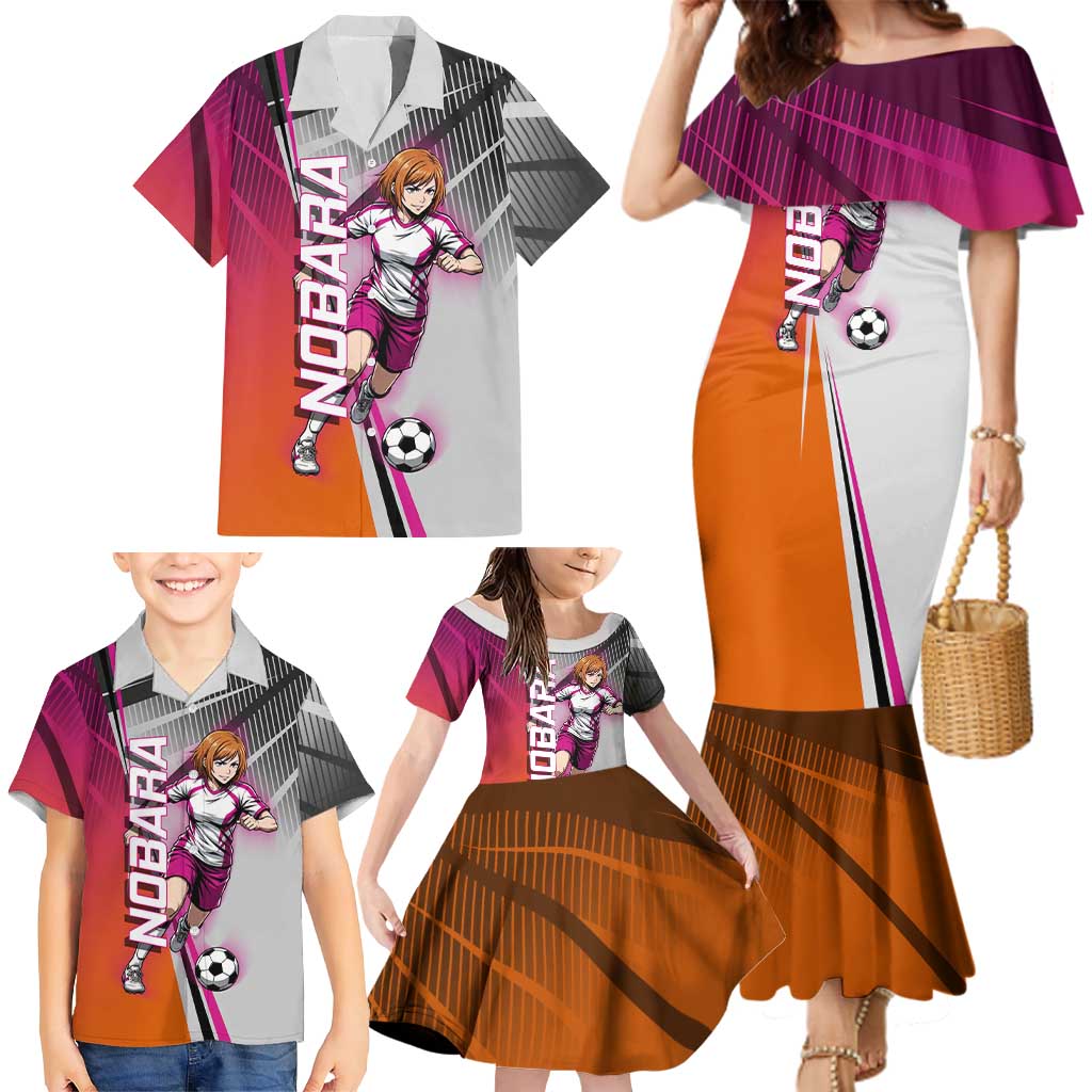 Personalized Nobara Kugisaki Jujutsu Kaisen Family Matching Mermaid Dress and Hawaiian Shirt with Pink Orange Gradient and Action Kick Pose