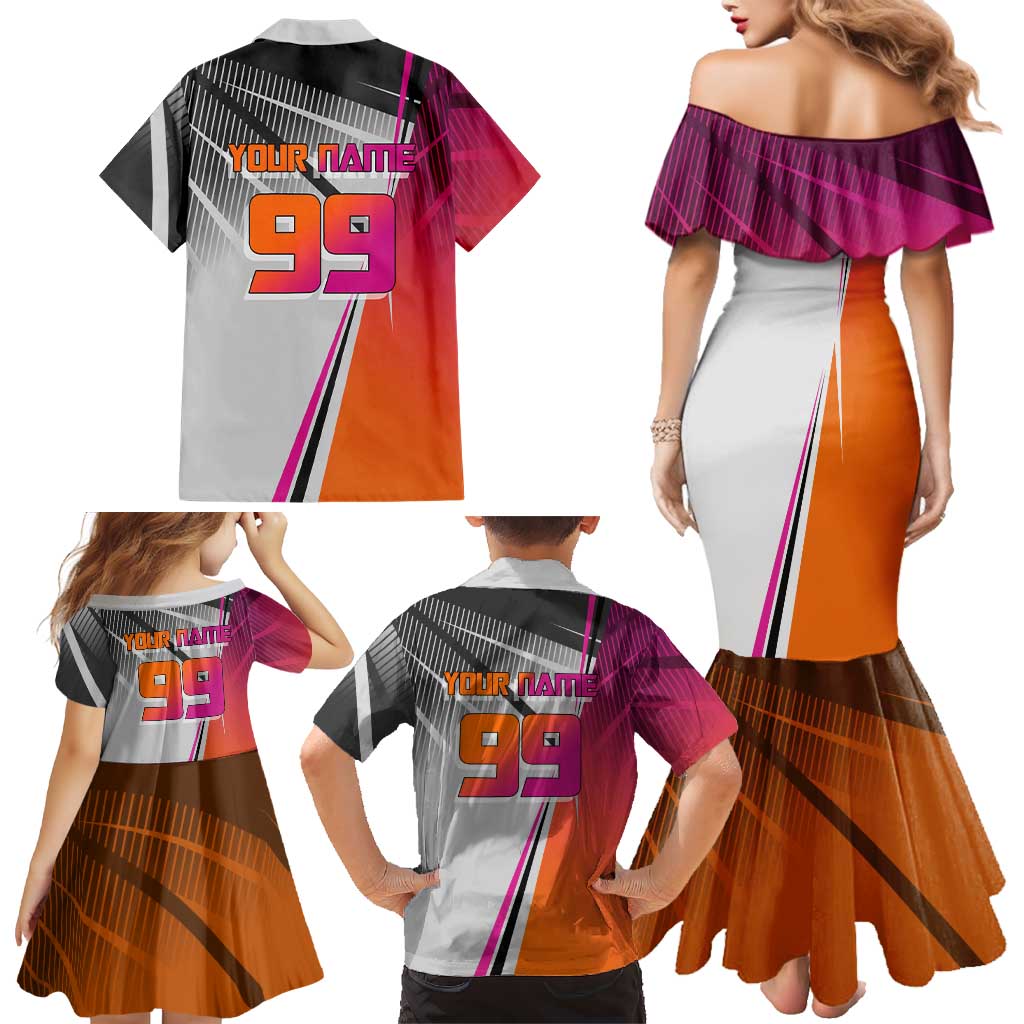 Personalized Nobara Kugisaki Jujutsu Kaisen Family Matching Mermaid Dress and Hawaiian Shirt with Pink Orange Gradient and Action Kick Pose