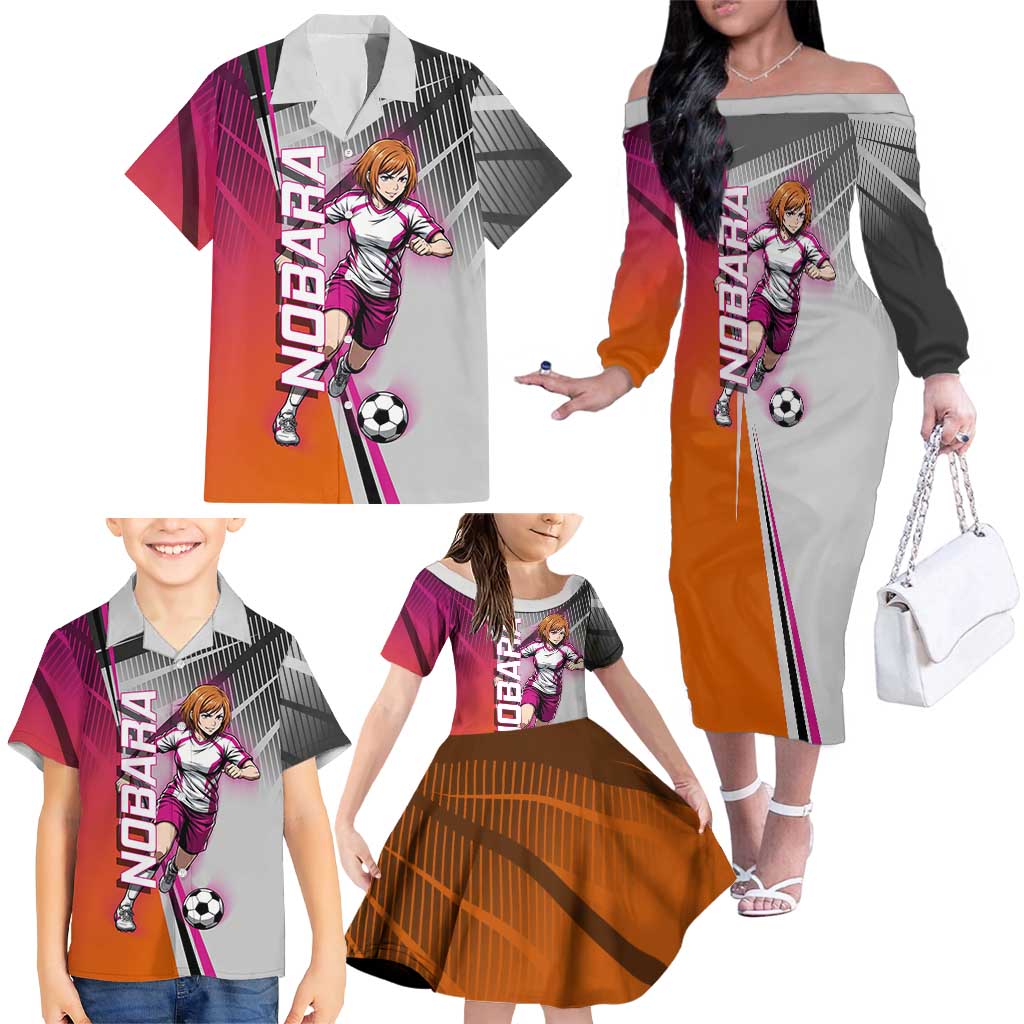 Personalized Nobara Kugisaki Jujutsu Kaisen Family Matching Off The Shoulder Long Sleeve Dress and Hawaiian Shirt with Pink Orange Gradient and Action Kick Pose