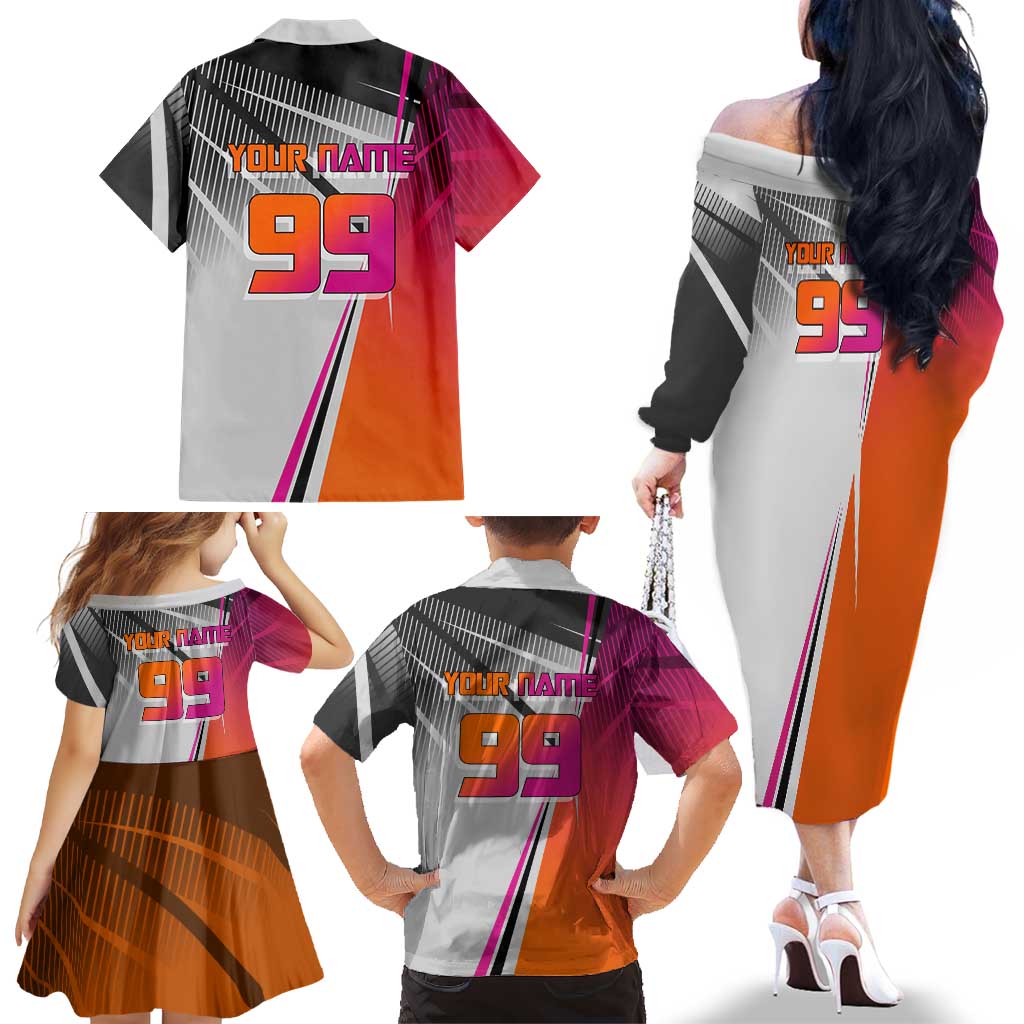 Personalized Nobara Kugisaki Jujutsu Kaisen Family Matching Off The Shoulder Long Sleeve Dress and Hawaiian Shirt with Pink Orange Gradient and Action Kick Pose