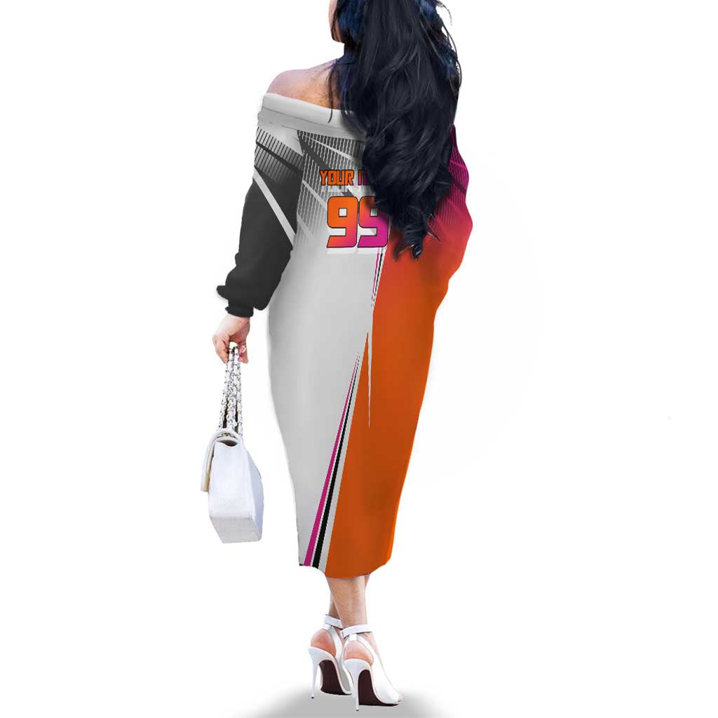 Personalized Nobara Kugisaki Jujutsu Kaisen Family Matching Off The Shoulder Long Sleeve Dress and Hawaiian Shirt with Pink Orange Gradient and Action Kick Pose