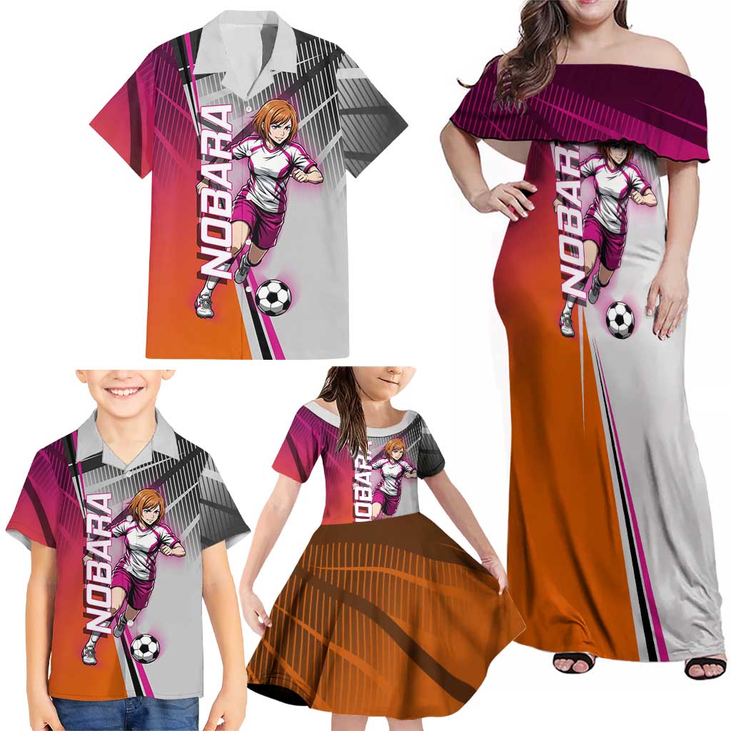 Personalized Nobara Kugisaki Jujutsu Kaisen Family Matching Off Shoulder Maxi Dress and Hawaiian Shirt with Pink Orange Gradient and Action Kick Pose