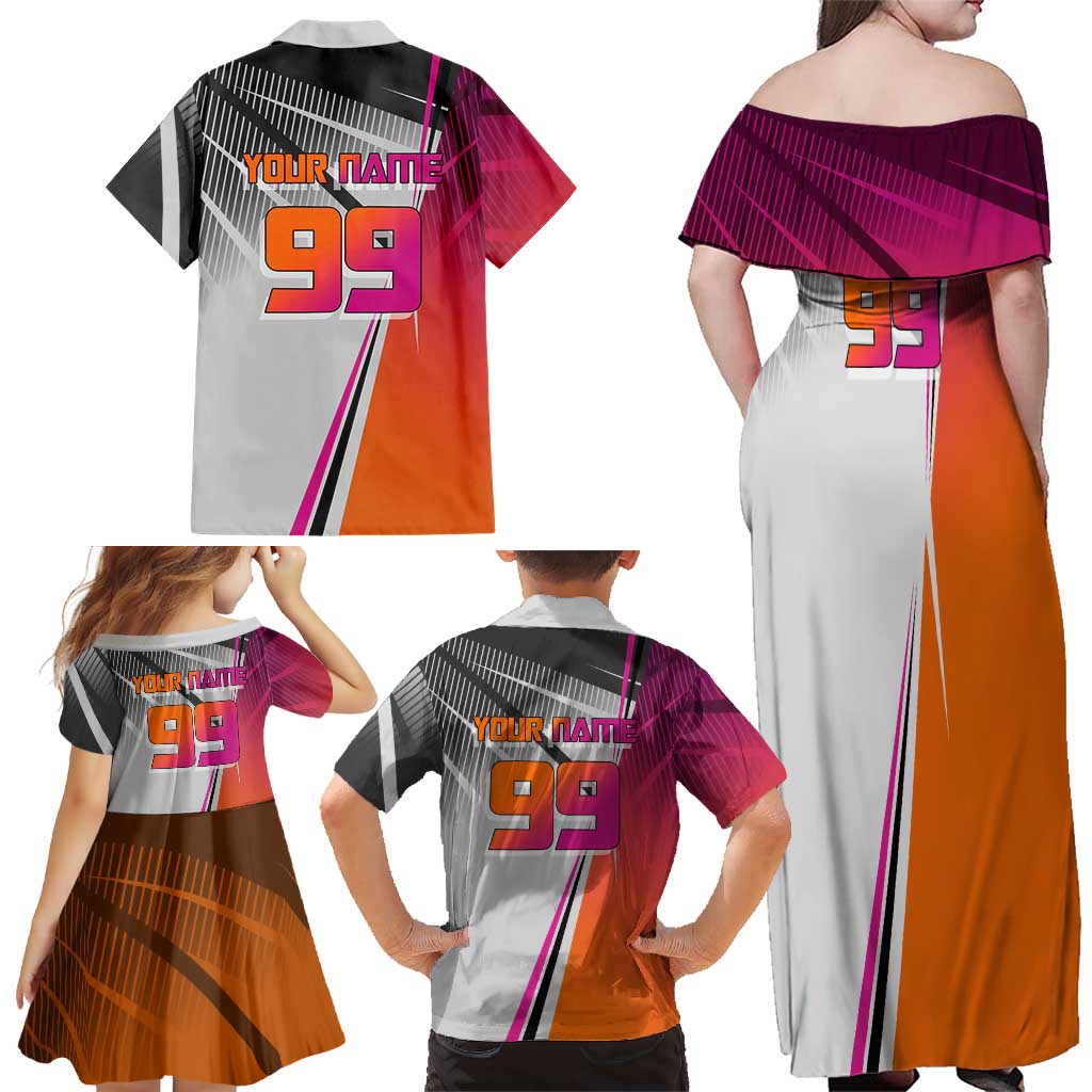 Personalized Nobara Kugisaki Jujutsu Kaisen Family Matching Off Shoulder Maxi Dress and Hawaiian Shirt with Pink Orange Gradient and Action Kick Pose