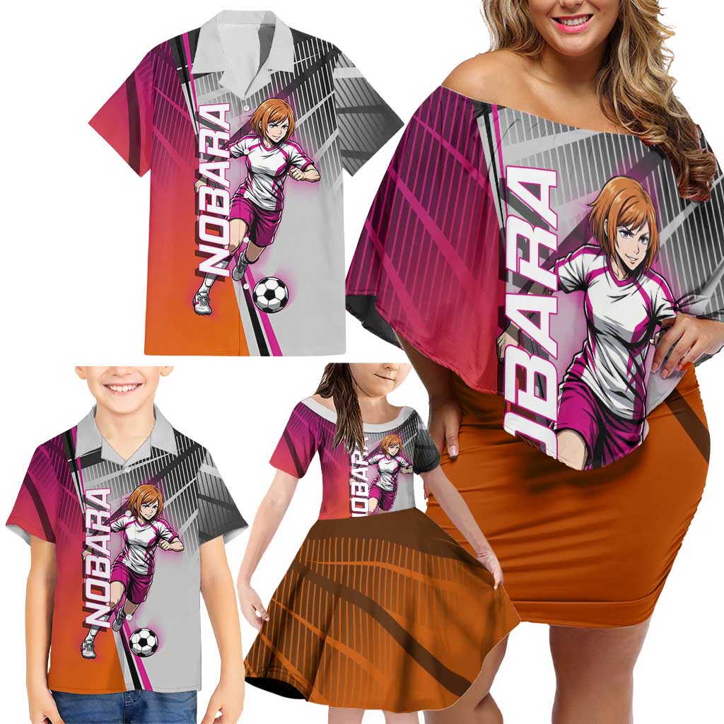 Personalized Nobara Kugisaki Jujutsu Kaisen Family Matching Off Shoulder Short Dress and Hawaiian Shirt with Pink Orange Gradient and Action Kick Pose