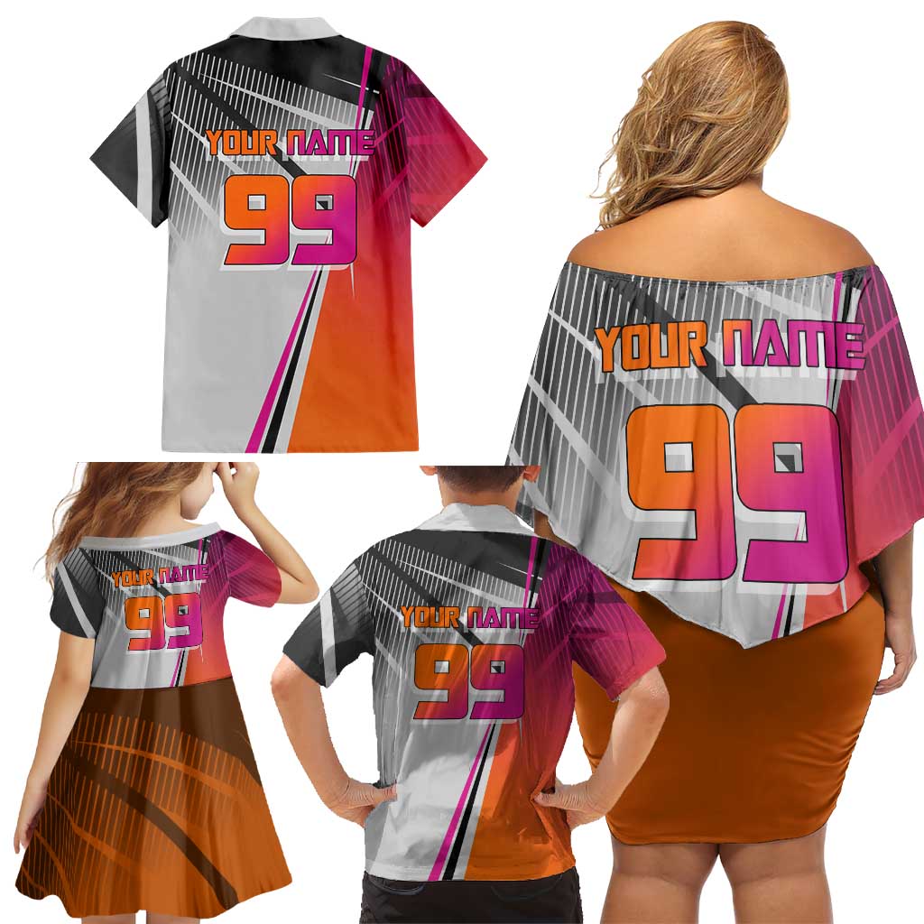 Personalized Nobara Kugisaki Jujutsu Kaisen Family Matching Off Shoulder Short Dress and Hawaiian Shirt with Pink Orange Gradient and Action Kick Pose
