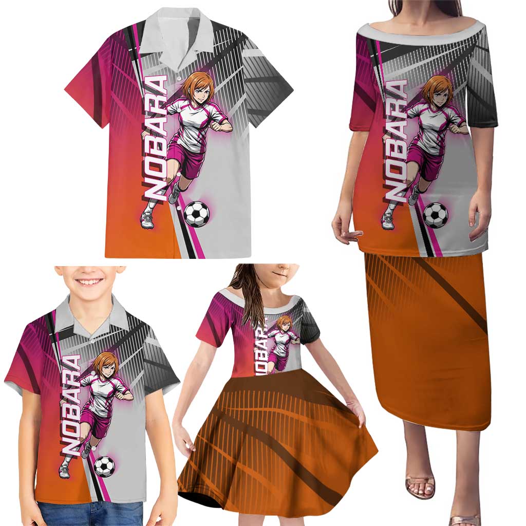 Personalized Nobara Kugisaki Jujutsu Kaisen Family Matching Puletasi and Hawaiian Shirt with Pink Orange Gradient and Action Kick Pose