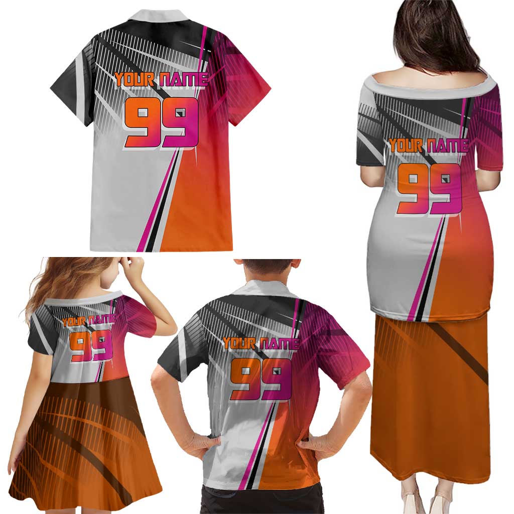 Personalized Nobara Kugisaki Jujutsu Kaisen Family Matching Puletasi and Hawaiian Shirt with Pink Orange Gradient and Action Kick Pose