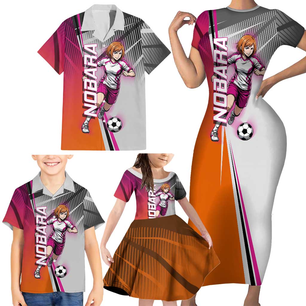 Personalized Nobara Kugisaki Jujutsu Kaisen Family Matching Short Sleeve Bodycon Dress and Hawaiian Shirt with Pink Orange Gradient and Action Kick Pose
