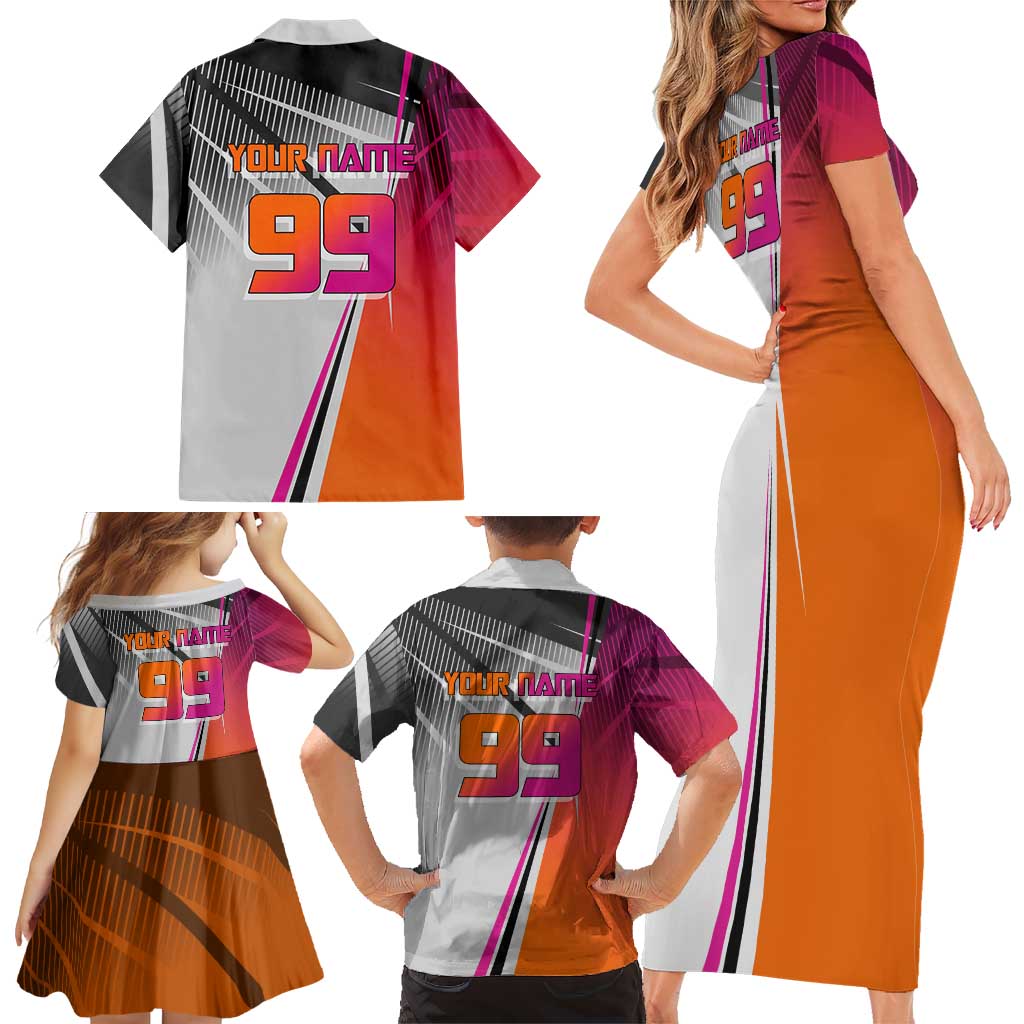 Personalized Nobara Kugisaki Jujutsu Kaisen Family Matching Short Sleeve Bodycon Dress and Hawaiian Shirt with Pink Orange Gradient and Action Kick Pose