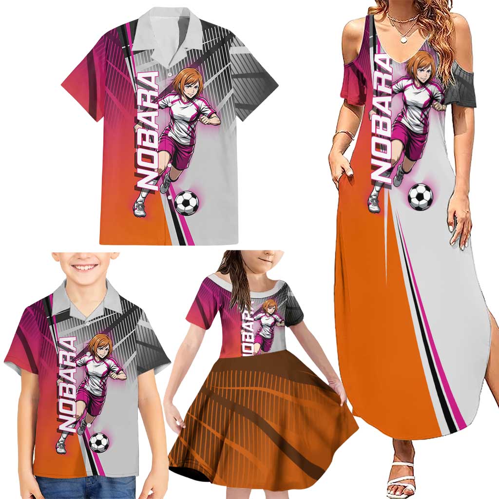 Personalized Nobara Kugisaki Jujutsu Kaisen Family Matching Summer Maxi Dress and Hawaiian Shirt with Pink Orange Gradient and Action Kick Pose
