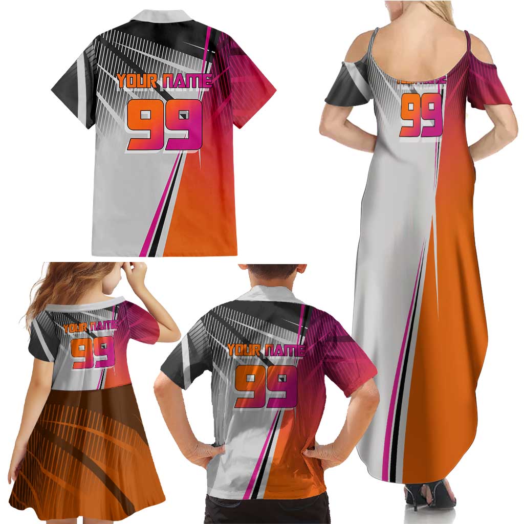 Personalized Nobara Kugisaki Jujutsu Kaisen Family Matching Summer Maxi Dress and Hawaiian Shirt with Pink Orange Gradient and Action Kick Pose