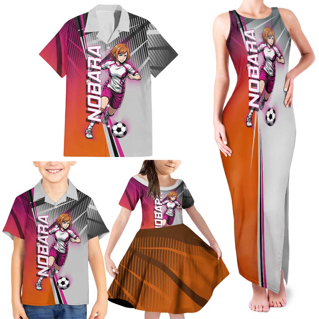 Personalized Nobara Kugisaki Jujutsu Kaisen Family Matching Tank Maxi Dress and Hawaiian Shirt with Pink Orange Gradient and Action Kick Pose