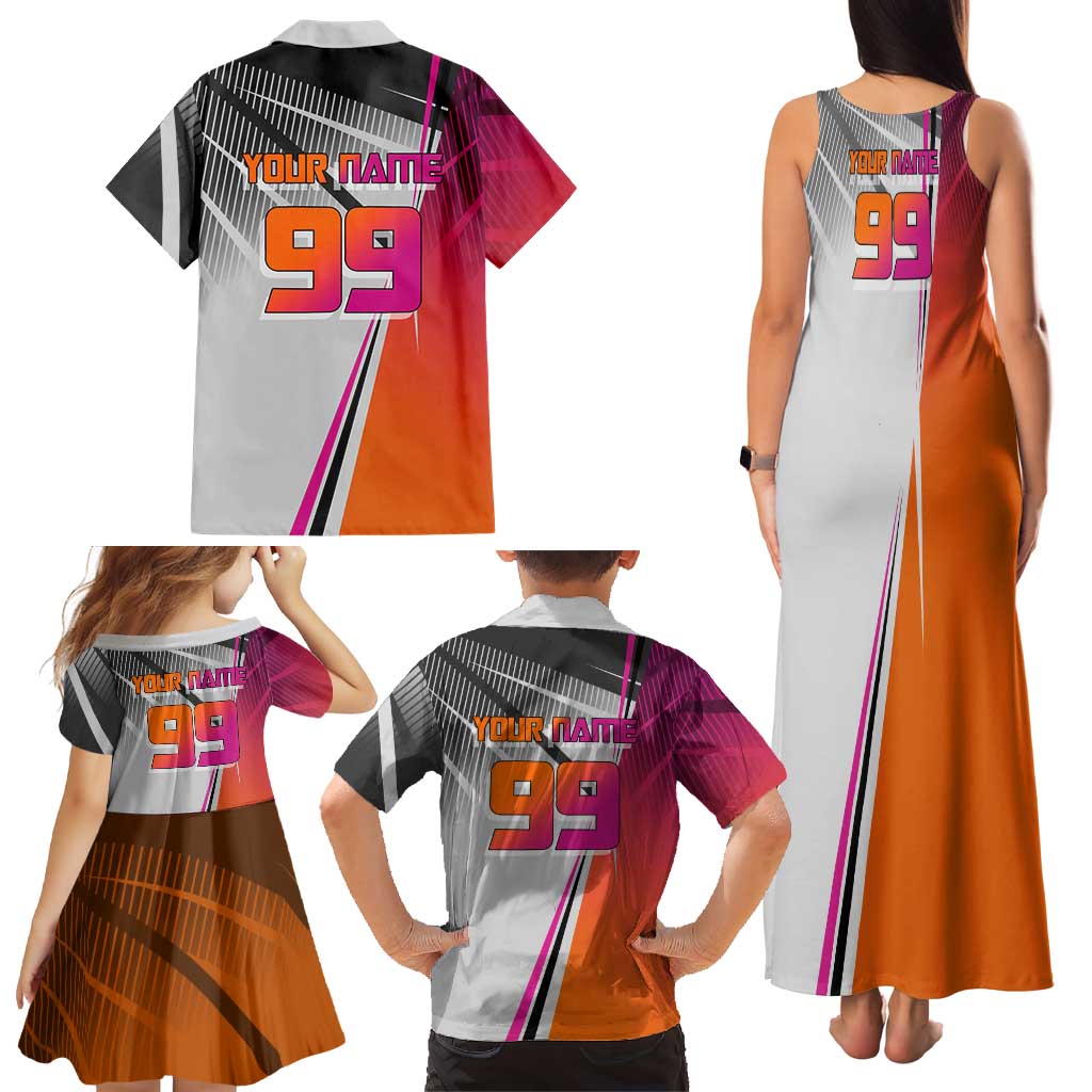 Personalized Nobara Kugisaki Jujutsu Kaisen Family Matching Tank Maxi Dress and Hawaiian Shirt with Pink Orange Gradient and Action Kick Pose