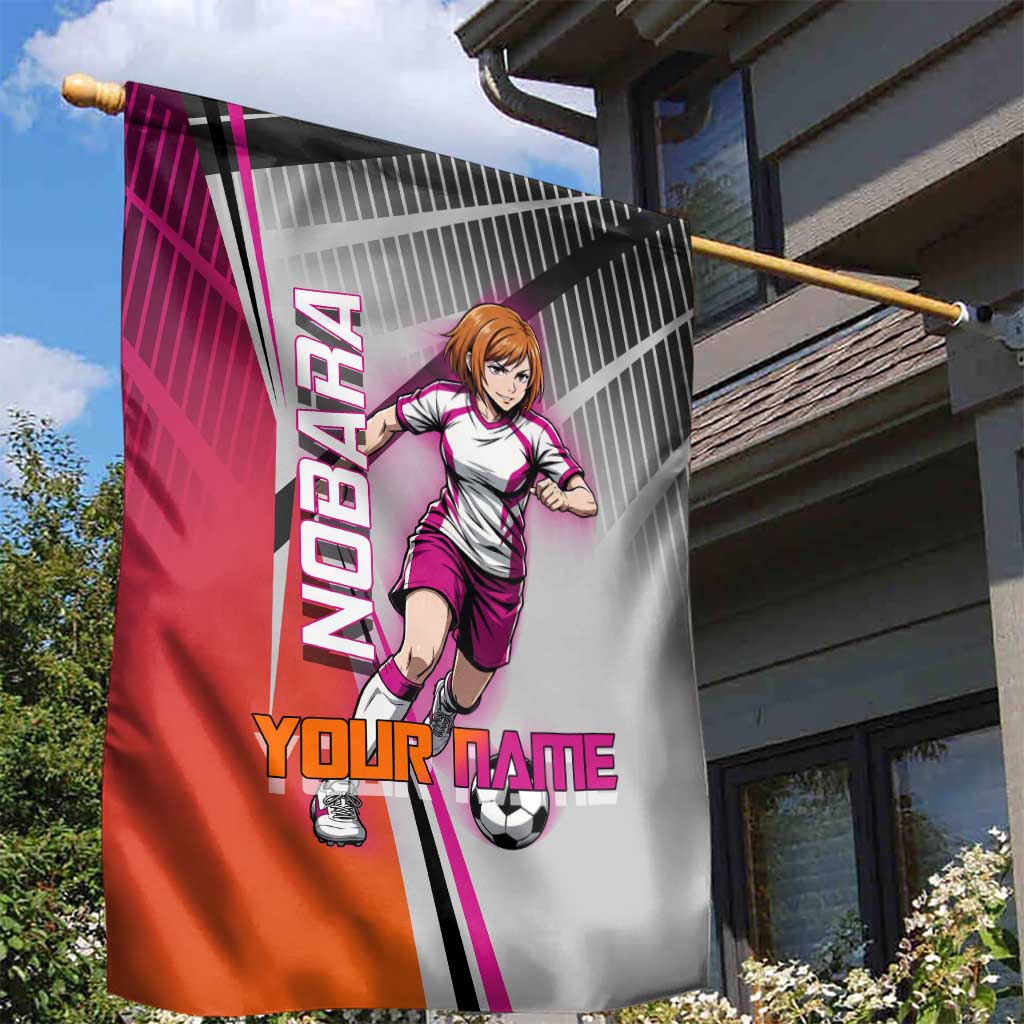 Personalized Nobara Kugisaki Jujutsu Kaisen Garden Flag with Pink Orange Gradient and Action Kick Pose