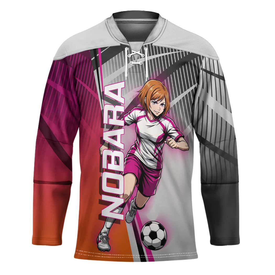 Personalized Nobara Kugisaki Jujutsu Kaisen Hockey Jersey with Pink Orange Gradient and Action Kick Pose