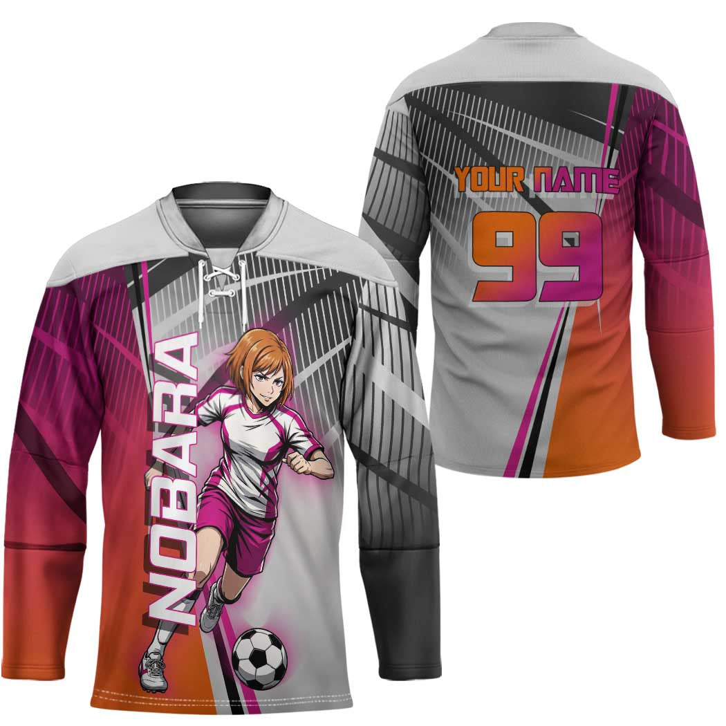 Personalized Nobara Kugisaki Jujutsu Kaisen Hockey Jersey with Pink Orange Gradient and Action Kick Pose