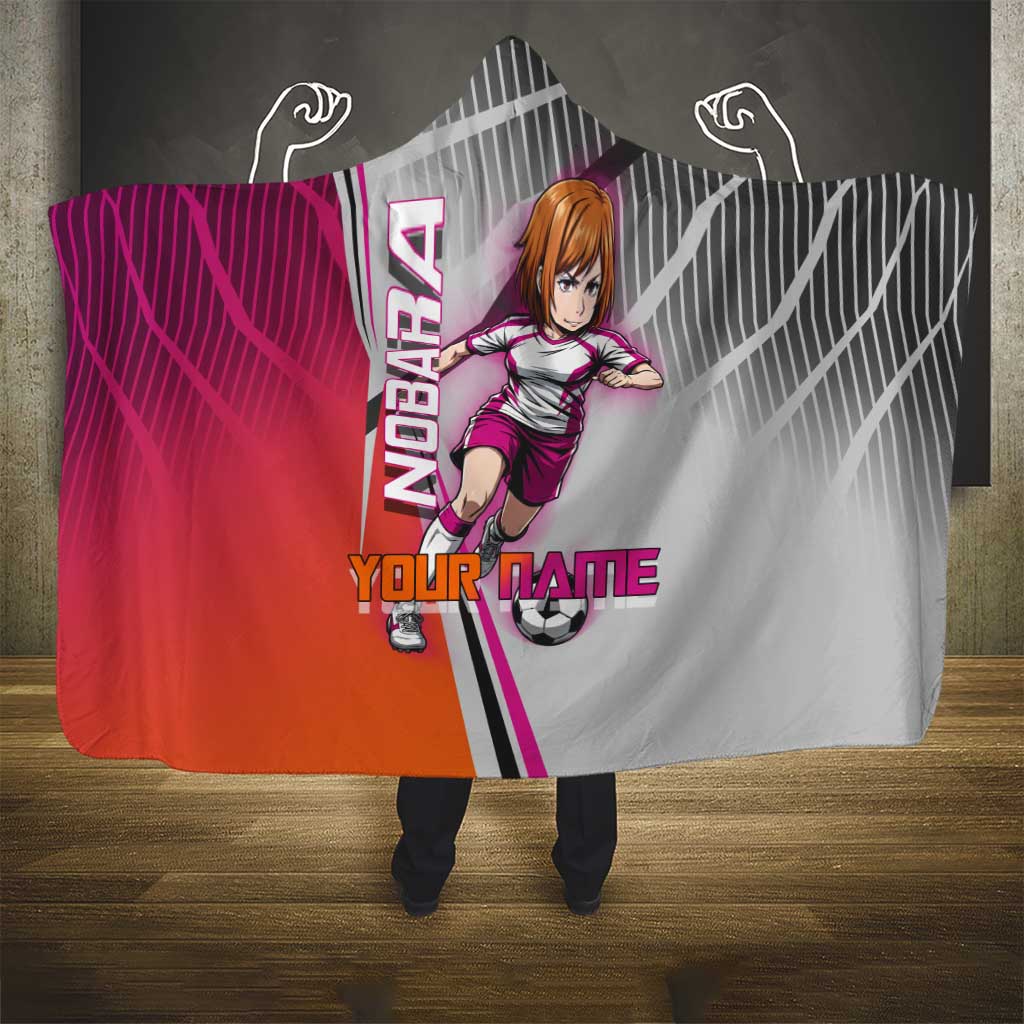 Personalized Nobara Kugisaki Jujutsu Kaisen Hooded Blanket with Pink Orange Gradient and Action Kick Pose