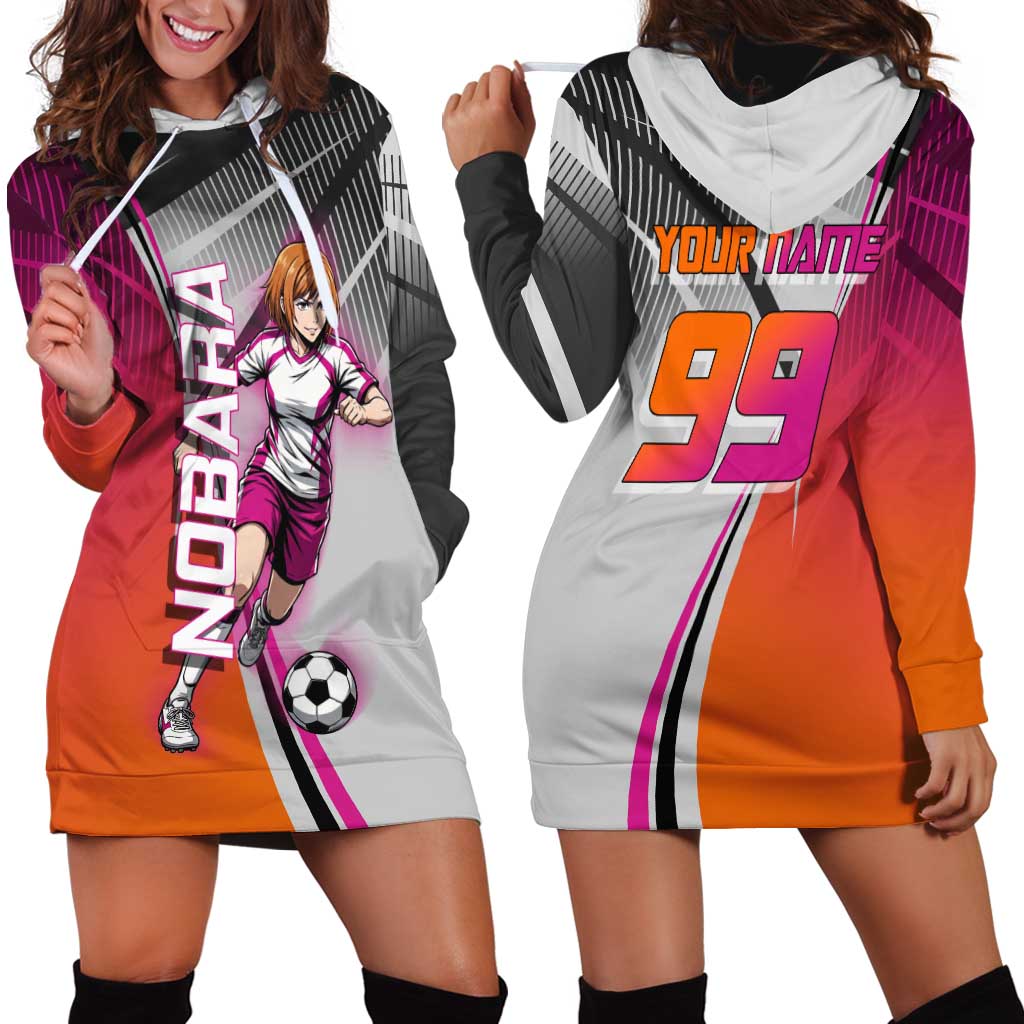 Personalized Nobara Kugisaki Jujutsu Kaisen Hoodie Dress with Pink Orange Gradient and Action Kick Pose