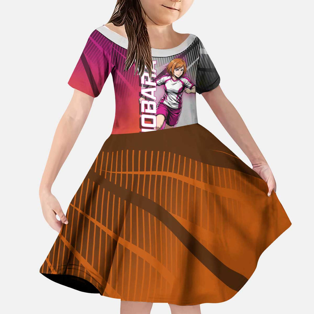 Personalized Nobara Kugisaki Jujutsu Kaisen Kid Short Sleeve Dress with Pink Orange Gradient and Action Kick Pose
