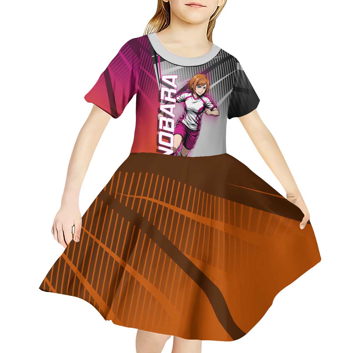 Personalized Nobara Kugisaki Jujutsu Kaisen Kid Short Sleeve Dress with Pink Orange Gradient and Action Kick Pose
