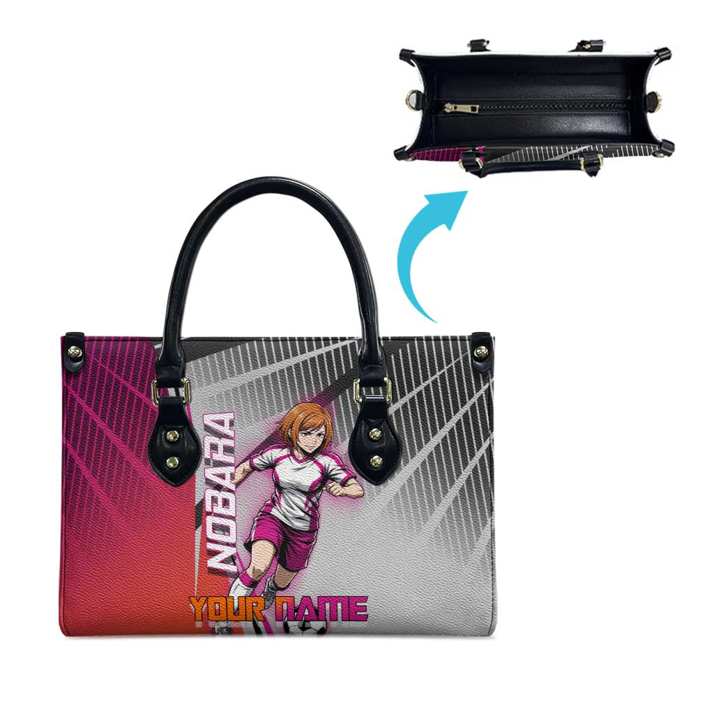 Personalized Nobara Kugisaki Jujutsu Kaisen Leather Bag with Pink Orange Gradient and Action Kick Pose