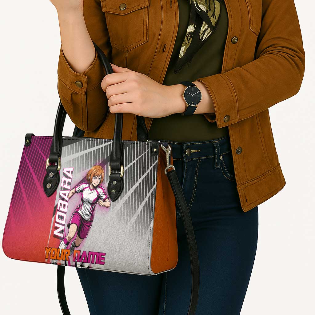 Personalized Nobara Kugisaki Jujutsu Kaisen Leather Bag with Pink Orange Gradient and Action Kick Pose