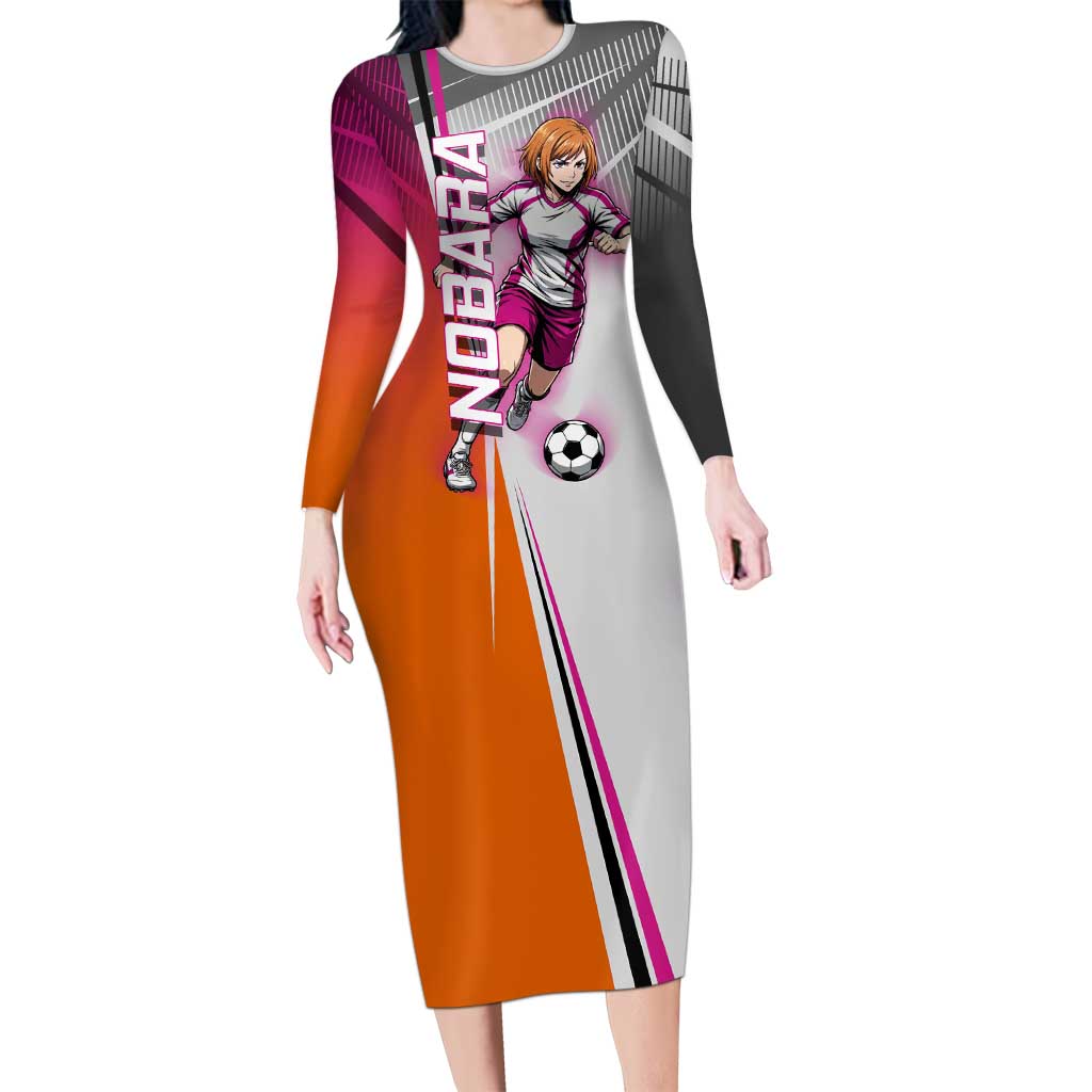 Personalized Nobara Kugisaki Jujutsu Kaisen Long Sleeve Bodycon Dress with Pink Orange Gradient and Action Kick Pose