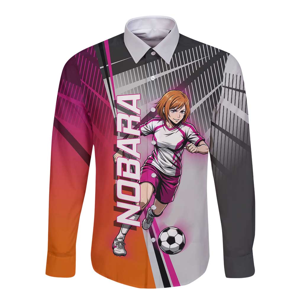 Personalized Nobara Kugisaki Jujutsu Kaisen Long Sleeve Button Shirt with Pink Orange Gradient and Action Kick Pose