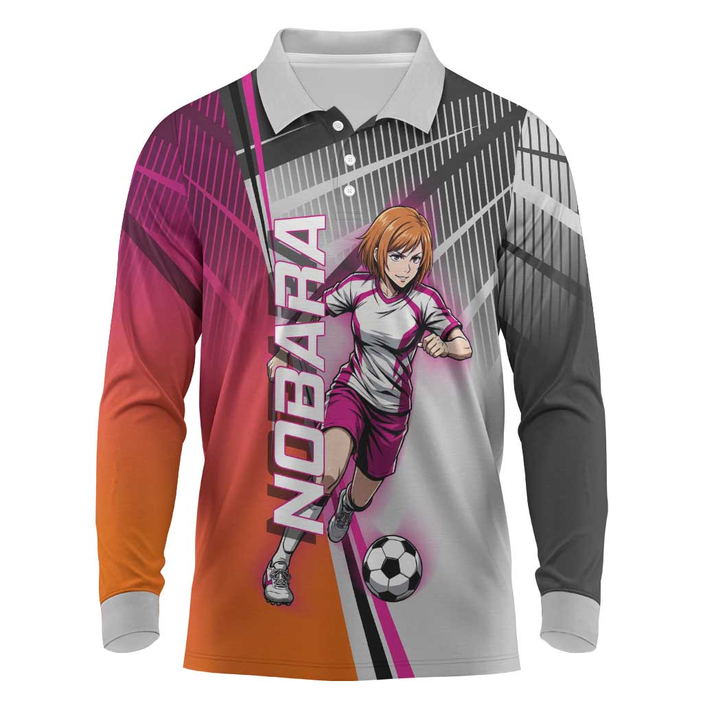 Personalized Nobara Kugisaki Jujutsu Kaisen Long Sleeve Polo Shirt with Pink Orange Gradient and Action Kick Pose