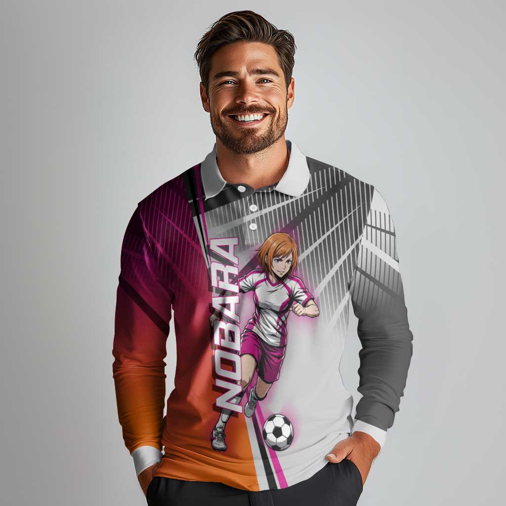 Personalized Nobara Kugisaki Jujutsu Kaisen Long Sleeve Polo Shirt with Pink Orange Gradient and Action Kick Pose