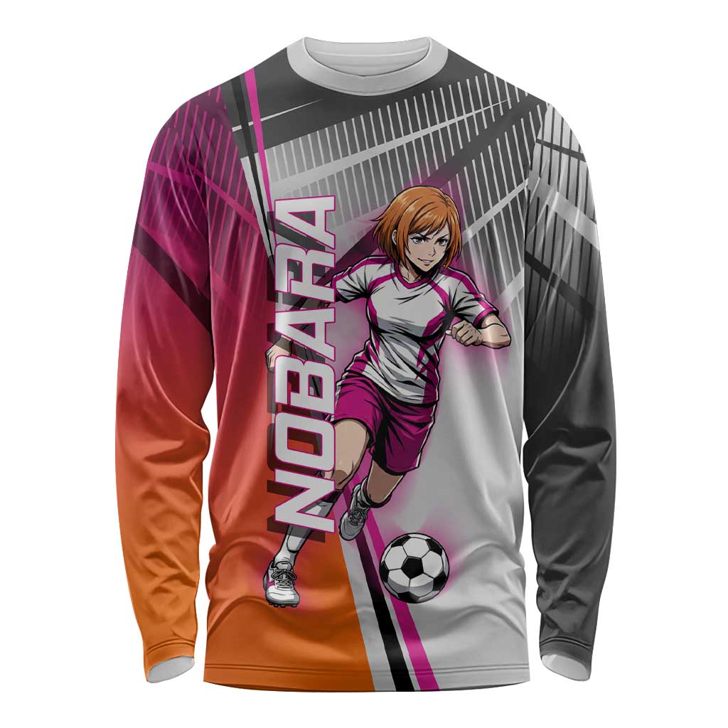 Personalized Nobara Kugisaki Jujutsu Kaisen Long Sleeve Shirt with Pink Orange Gradient and Action Kick Pose