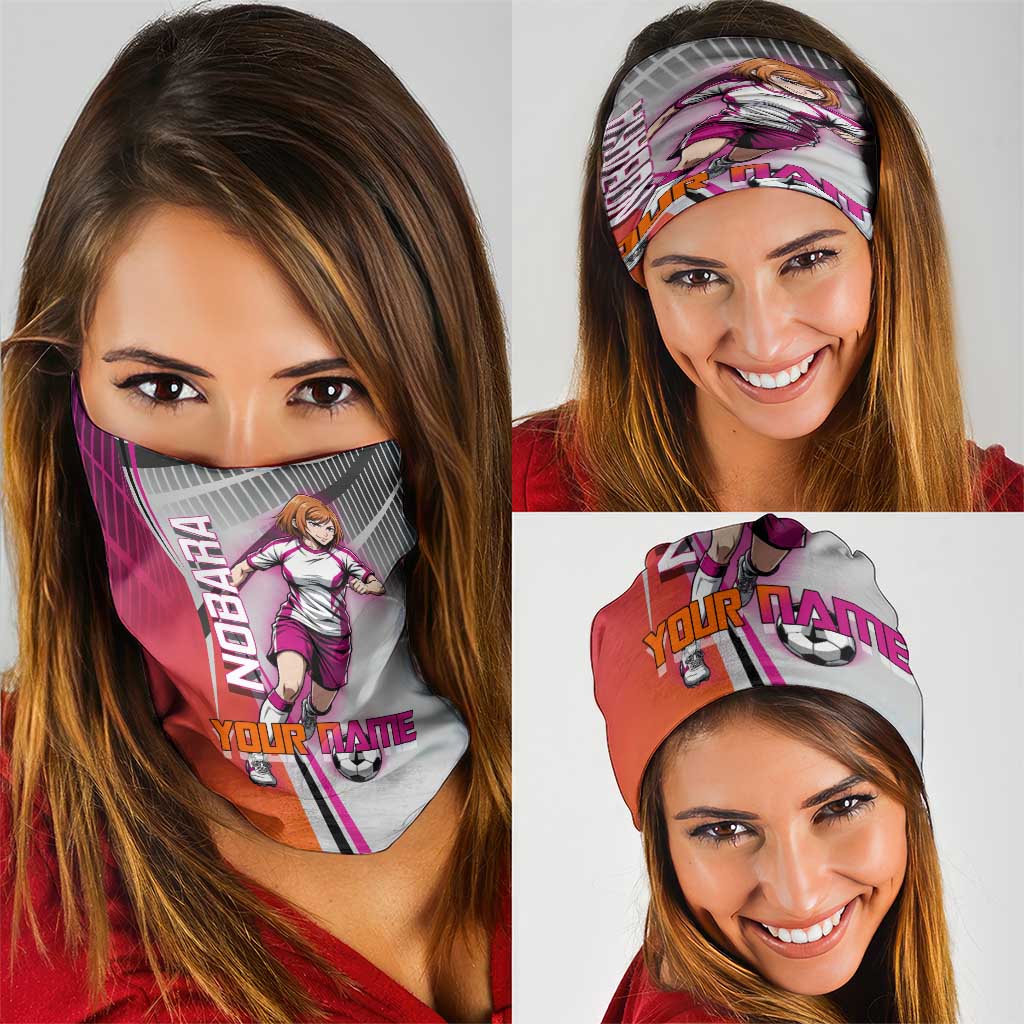 Personalized Nobara Kugisaki Jujutsu Kaisen Neck Gaiter with Pink Orange Gradient and Action Kick Pose