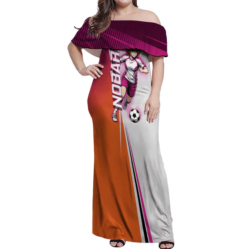 Personalized Nobara Kugisaki Jujutsu Kaisen Off Shoulder Maxi Dress with Pink Orange Gradient and Action Kick Pose