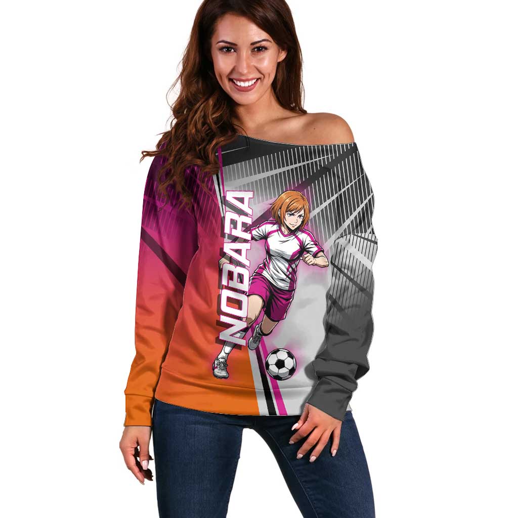 Personalized Nobara Kugisaki Jujutsu Kaisen Off Shoulder Sweater with Pink Orange Gradient and Action Kick Pose