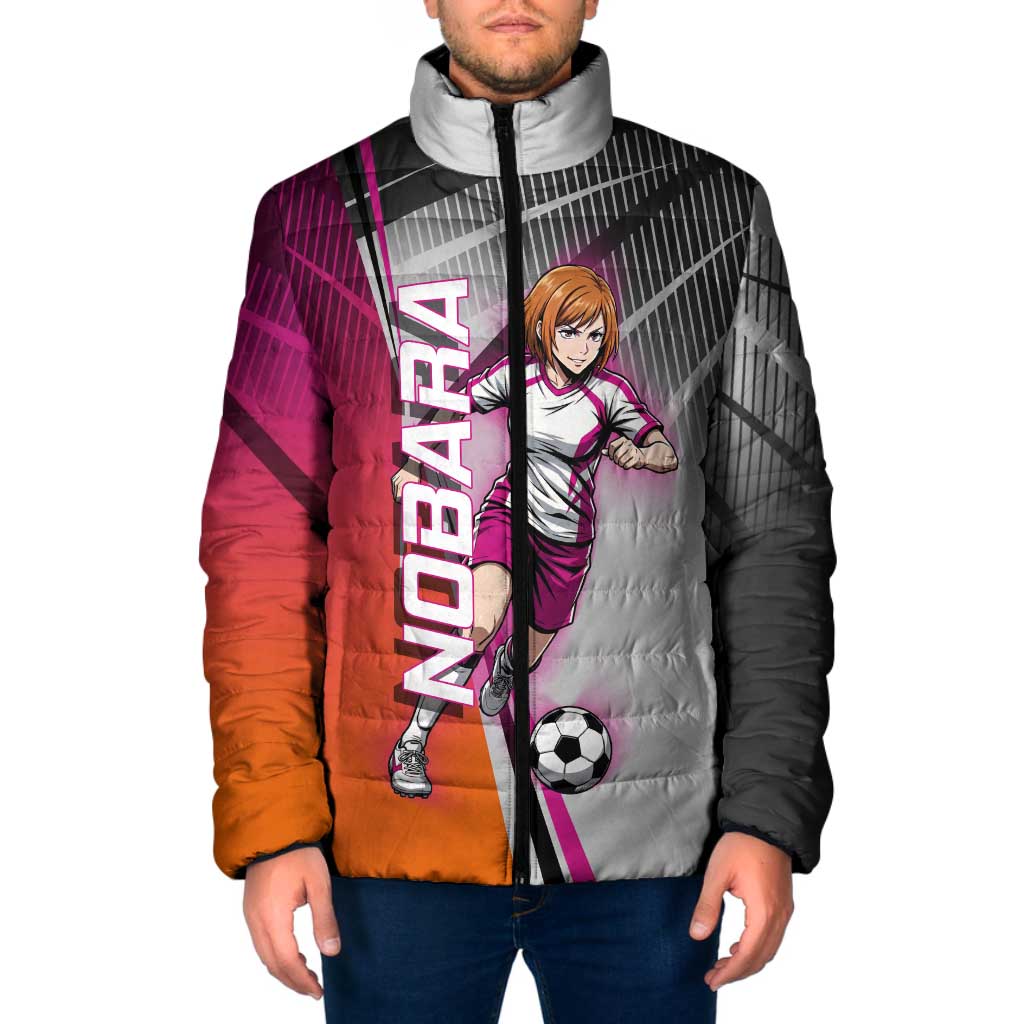 Personalized Nobara Kugisaki Jujutsu Kaisen Padded Jacket with Pink Orange Gradient and Action Kick Pose