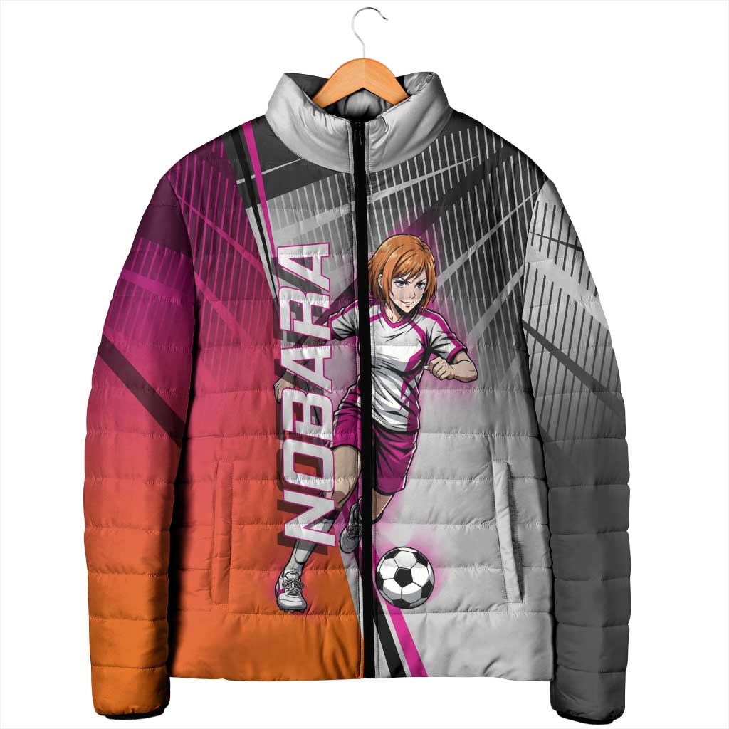 Personalized Nobara Kugisaki Jujutsu Kaisen Padded Jacket with Pink Orange Gradient and Action Kick Pose