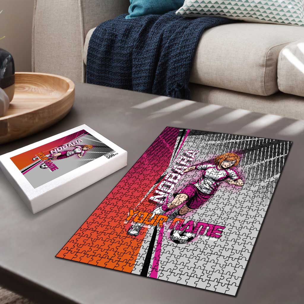 Personalized Nobara Kugisaki Jujutsu Kaisen Puzzle with Pink Orange Gradient and Action Kick Pose