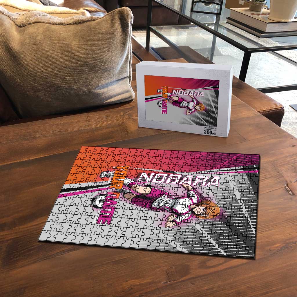 Personalized Nobara Kugisaki Jujutsu Kaisen Puzzle with Pink Orange Gradient and Action Kick Pose