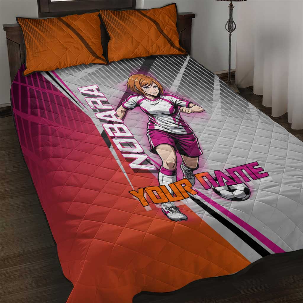 Personalized Nobara Kugisaki Jujutsu Kaisen Quilt Bed Set with Pink Orange Gradient and Action Kick Pose