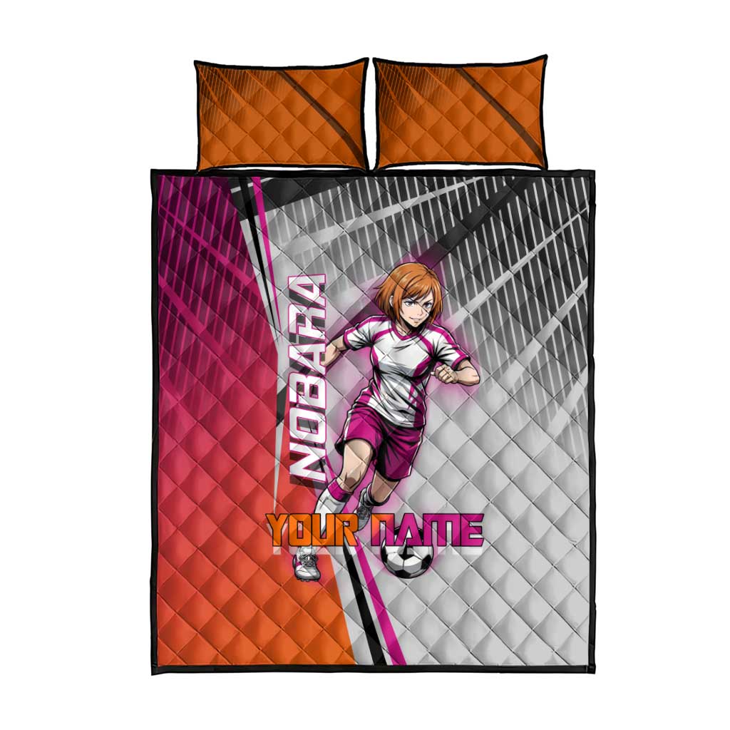 Personalized Nobara Kugisaki Jujutsu Kaisen Quilt Bed Set with Pink Orange Gradient and Action Kick Pose