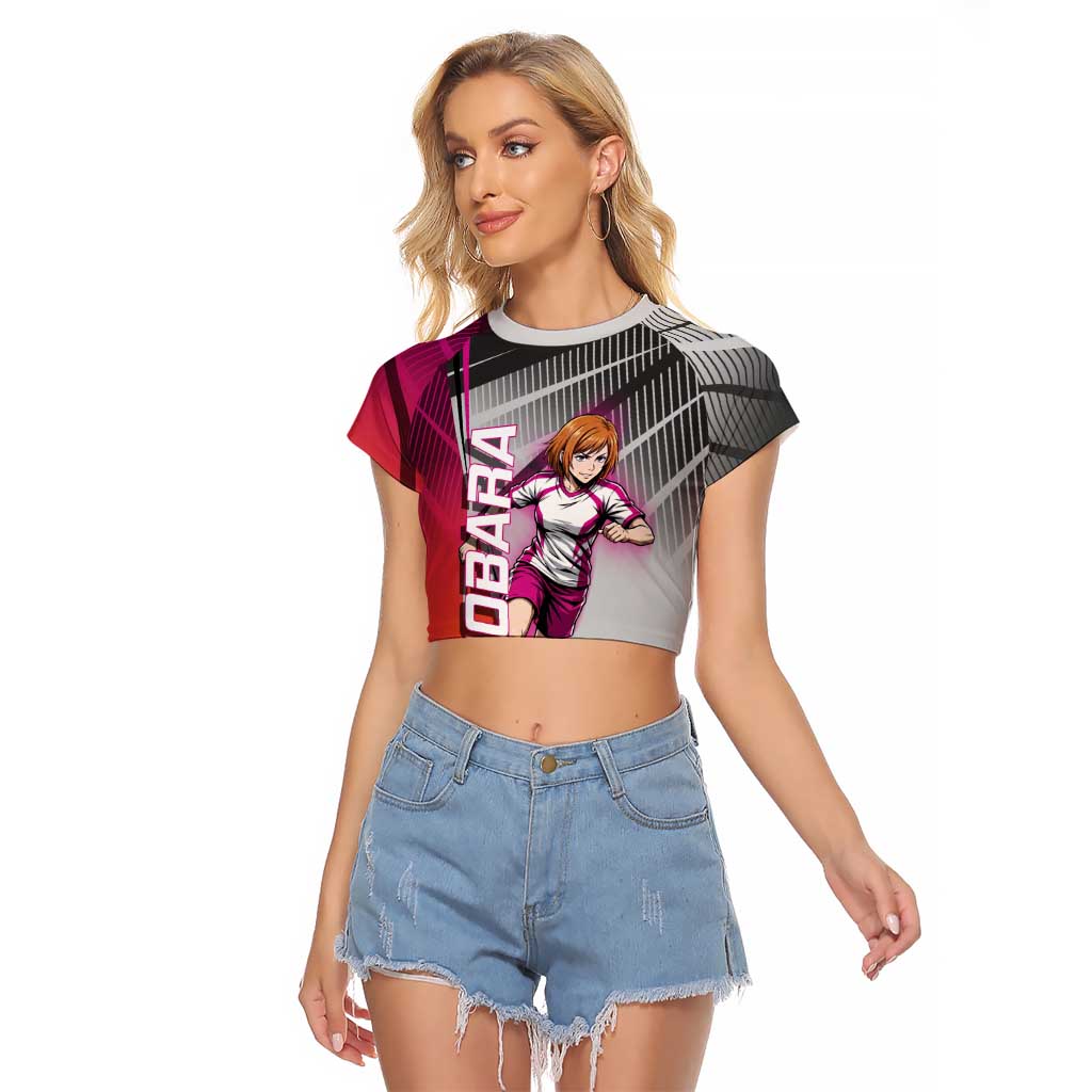 Personalized Nobara Kugisaki Jujutsu Kaisen Raglan Cropped T Shirt with Pink Orange Gradient and Action Kick Pose