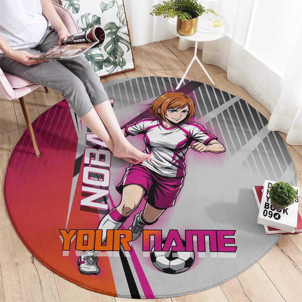 Personalized Nobara Kugisaki Jujutsu Kaisen Round Carpet with Pink Orange Gradient and Action Kick Pose