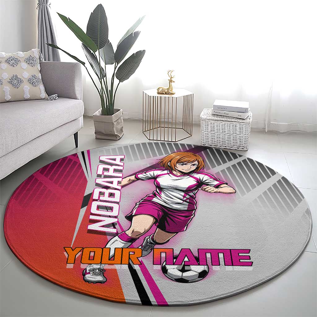 Personalized Nobara Kugisaki Jujutsu Kaisen Round Carpet with Pink Orange Gradient and Action Kick Pose