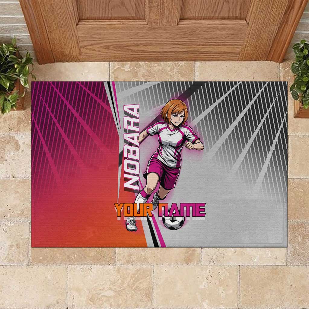Personalized Nobara Kugisaki Jujutsu Kaisen Rubber Doormat with Pink Orange Gradient and Action Kick Pose