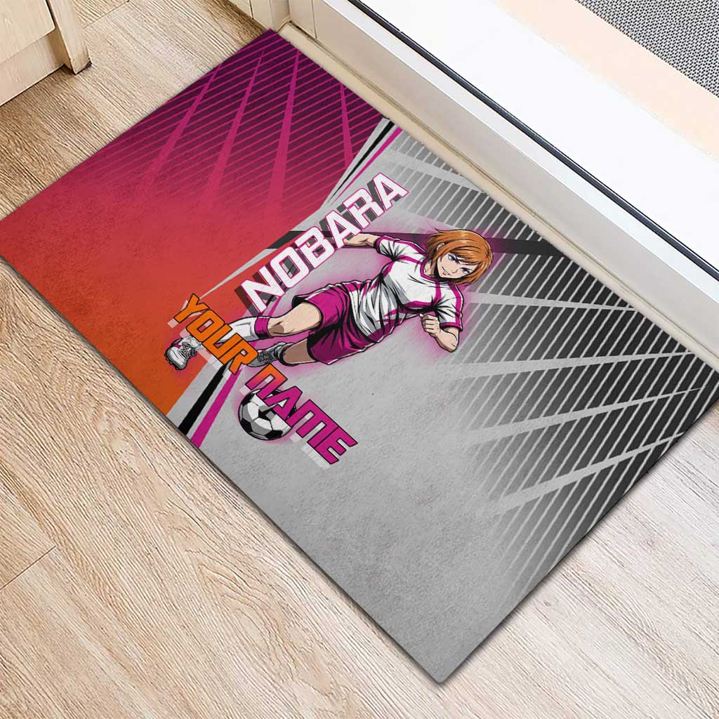 Personalized Nobara Kugisaki Jujutsu Kaisen Rubber Doormat with Pink Orange Gradient and Action Kick Pose