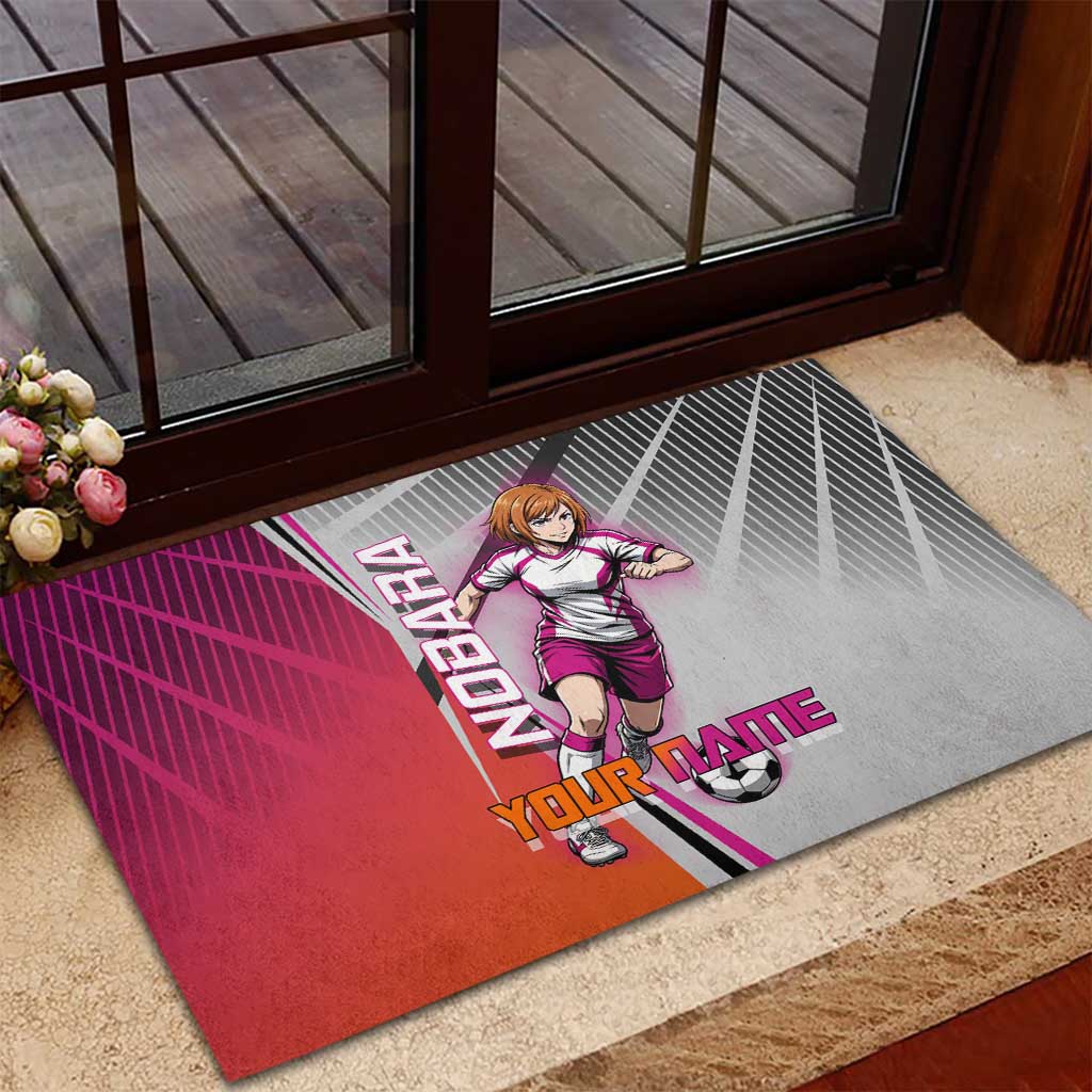 Personalized Nobara Kugisaki Jujutsu Kaisen Rubber Doormat with Pink Orange Gradient and Action Kick Pose