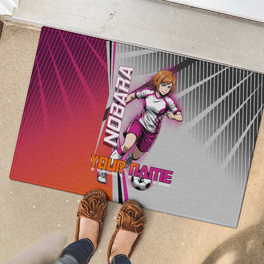 Personalized Nobara Kugisaki Jujutsu Kaisen Rubber Doormat with Pink Orange Gradient and Action Kick Pose