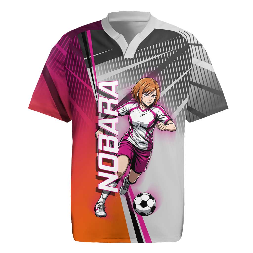 Personalized Nobara Kugisaki Jujutsu Kaisen Rugby Jersey with Pink Orange Gradient and Action Kick Pose